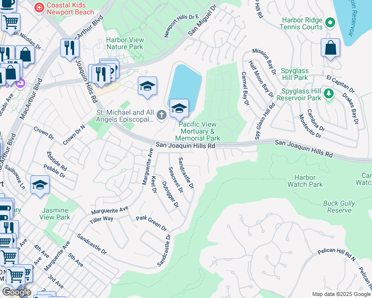 map of restaurants, bars, coffee shops, grocery stores, and more near 3606 Catamaran Drive in Newport Beach