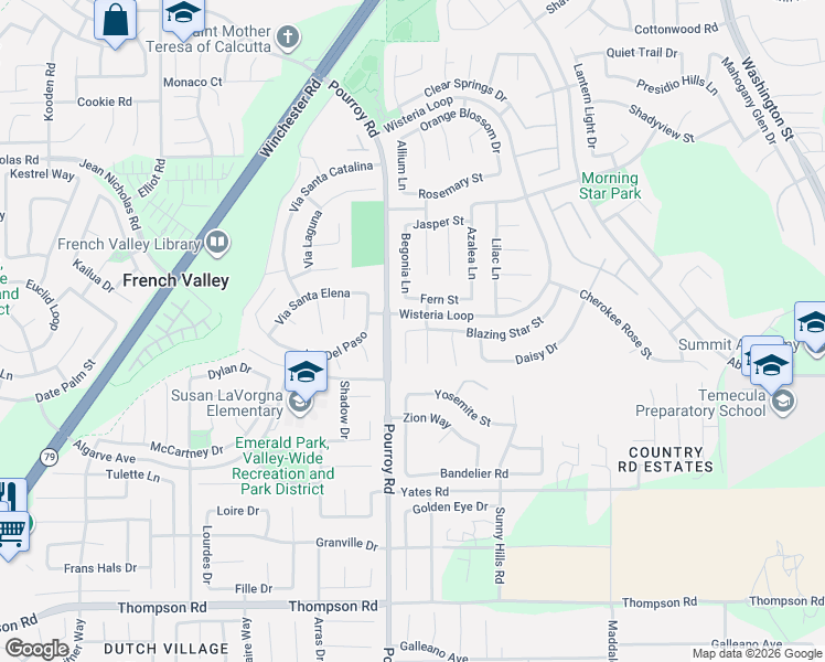 map of restaurants, bars, coffee shops, grocery stores, and more near 32020 Blazing Star Street in Winchester