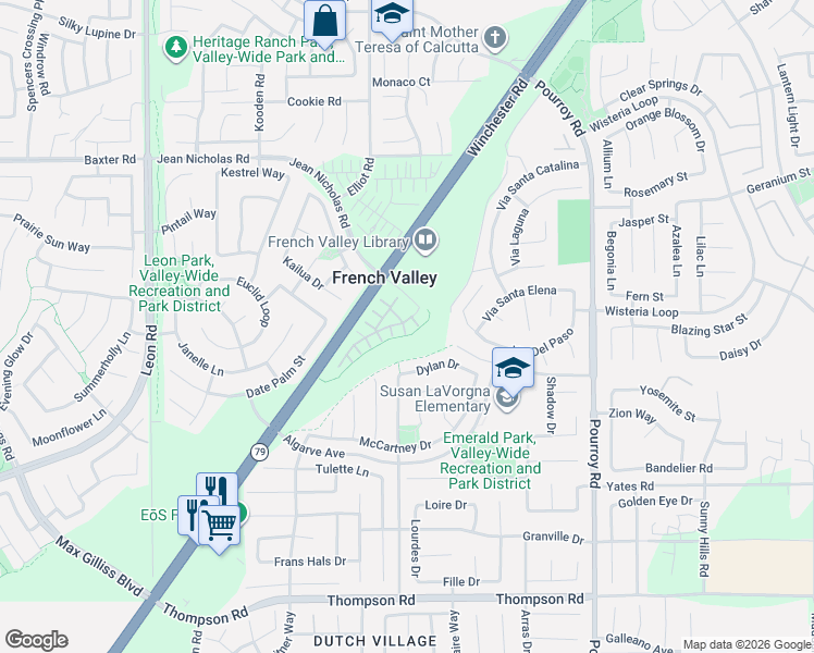 map of restaurants, bars, coffee shops, grocery stores, and more near 35334 Marabella Court in Winchester