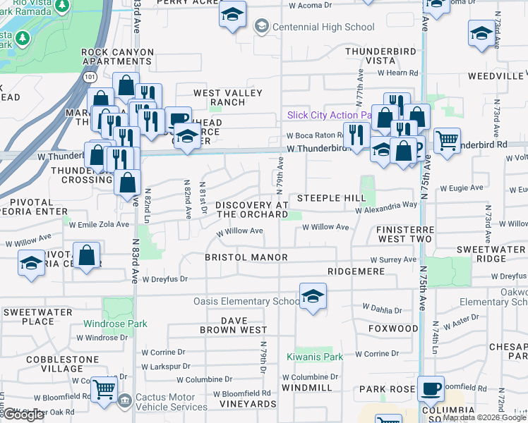 map of restaurants, bars, coffee shops, grocery stores, and more near 7977 West Wacker Road in Peoria