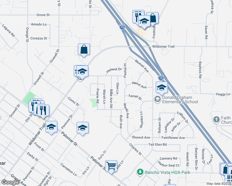 map of restaurants, bars, coffee shops, grocery stores, and more near 35335 Billie Ann Road in Wildomar