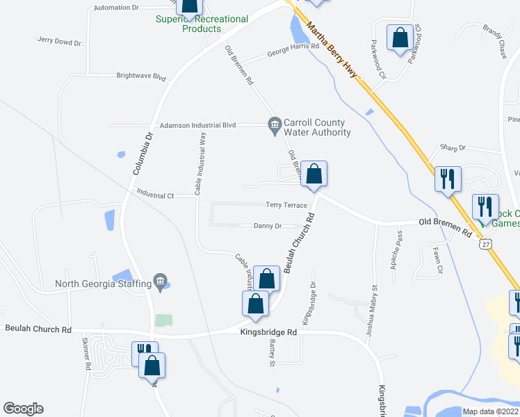 map of restaurants, bars, coffee shops, grocery stores, and more near 100 Terry Terrace in Carrollton