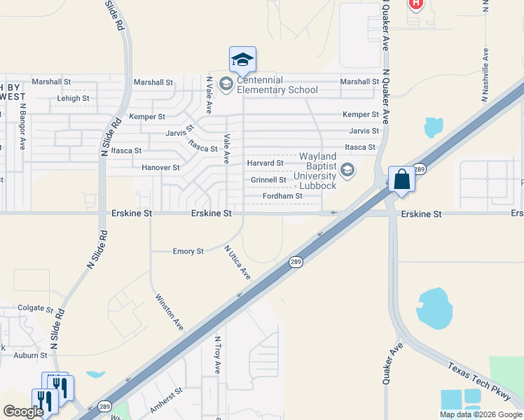 map of restaurants, bars, coffee shops, grocery stores, and more near 4635 Fordham Street in Lubbock
