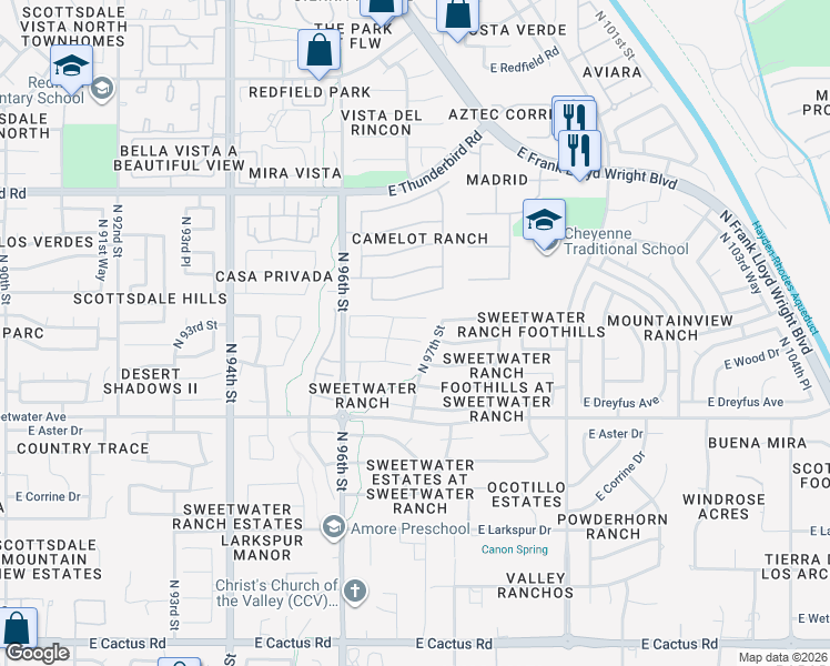 map of restaurants, bars, coffee shops, grocery stores, and more near 9665 East Sutton Drive in Scottsdale