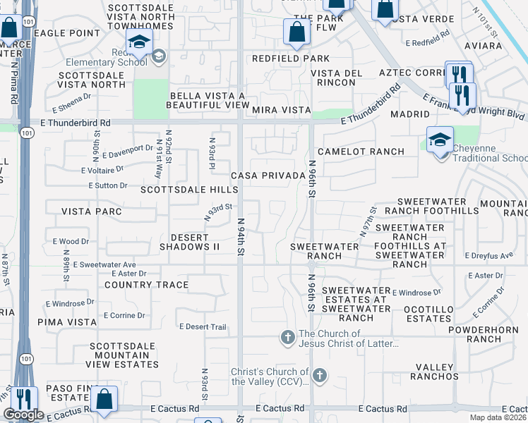 map of restaurants, bars, coffee shops, grocery stores, and more near 9431 East Sutton Drive in Scottsdale