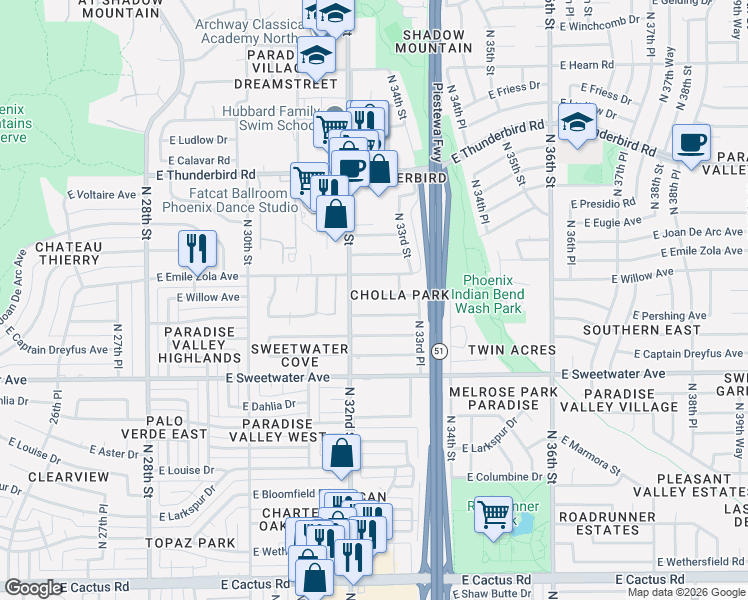 map of restaurants, bars, coffee shops, grocery stores, and more near 3214 East Andorra Drive in Phoenix