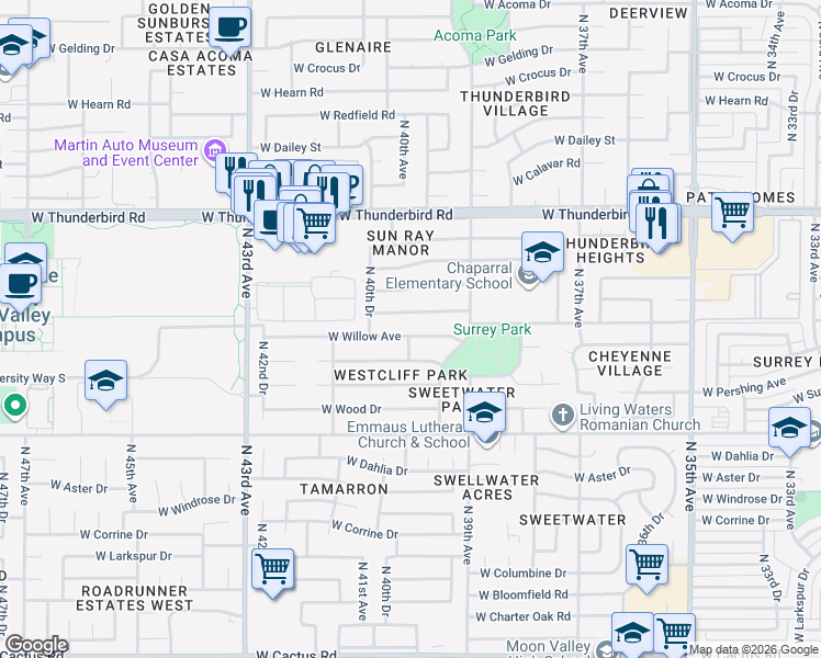 map of restaurants, bars, coffee shops, grocery stores, and more near 3945 West Joan De Arc Avenue in Phoenix