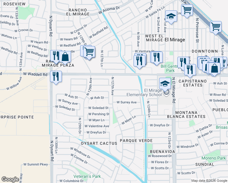 map of restaurants, bars, coffee shops, grocery stores, and more near 12701 West Voltaire Avenue in El Mirage