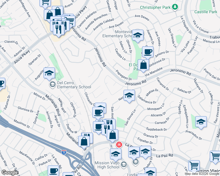 map of restaurants, bars, coffee shops, grocery stores, and more near 24481 Rosales Circle in Mission Viejo