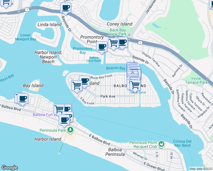 map of restaurants, bars, coffee shops, grocery stores, and more near 310 Diamond Avenue in Newport Beach