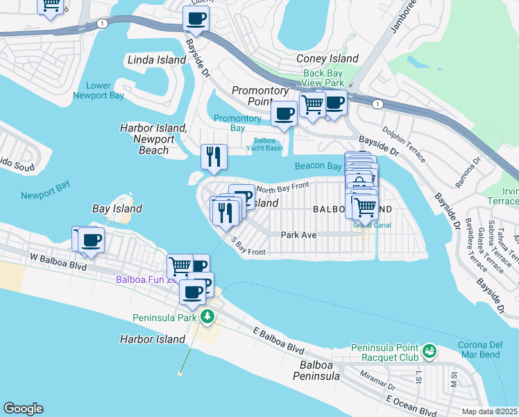 map of restaurants, bars, coffee shops, grocery stores, and more near 310 Collins Avenue in Newport Beach