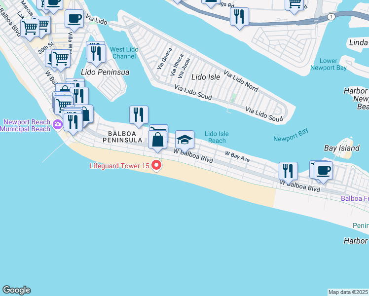 map of restaurants, bars, coffee shops, grocery stores, and more near 1324 West Bay Avenue in Newport Beach
