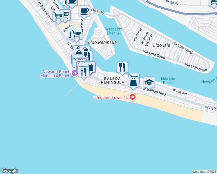 map of restaurants, bars, coffee shops, grocery stores, and more near 1709 West Balboa Boulevard in Newport Beach