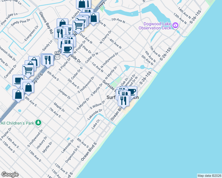 map of restaurants, bars, coffee shops, grocery stores, and more near 116 Surfside Drive in Surfside Beach