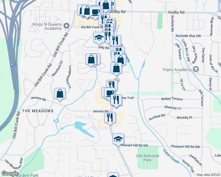 map of restaurants, bars, coffee shops, grocery stores, and more near 5459 Old National Highway in Atlanta