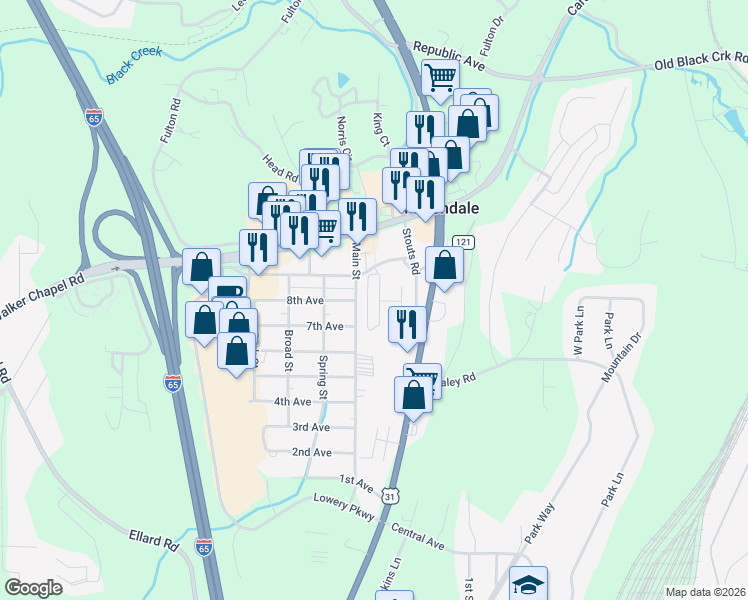 map of restaurants, bars, coffee shops, grocery stores, and more near 899 Cody Circle in Fultondale