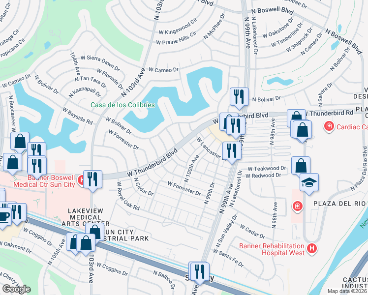 map of restaurants, bars, coffee shops, grocery stores, and more near 13602 North Teakwood Drive in Sun City