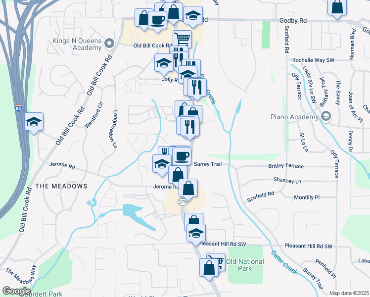 map of restaurants, bars, coffee shops, grocery stores, and more near 5459 Old National Highway in Atlanta