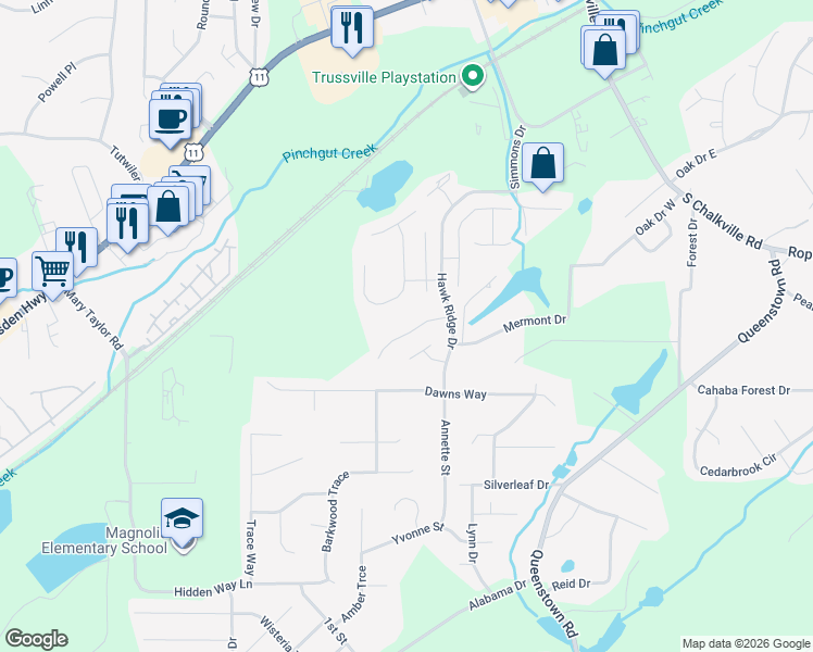 map of restaurants, bars, coffee shops, grocery stores, and more near 6272 Kestral View Road in Trussville