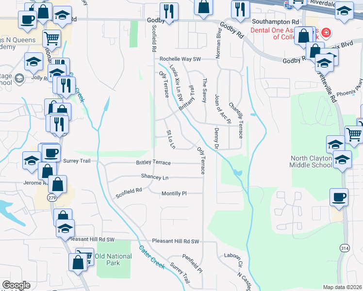 map of restaurants, bars, coffee shops, grocery stores, and more near 5435 Orly Terrace in College Park