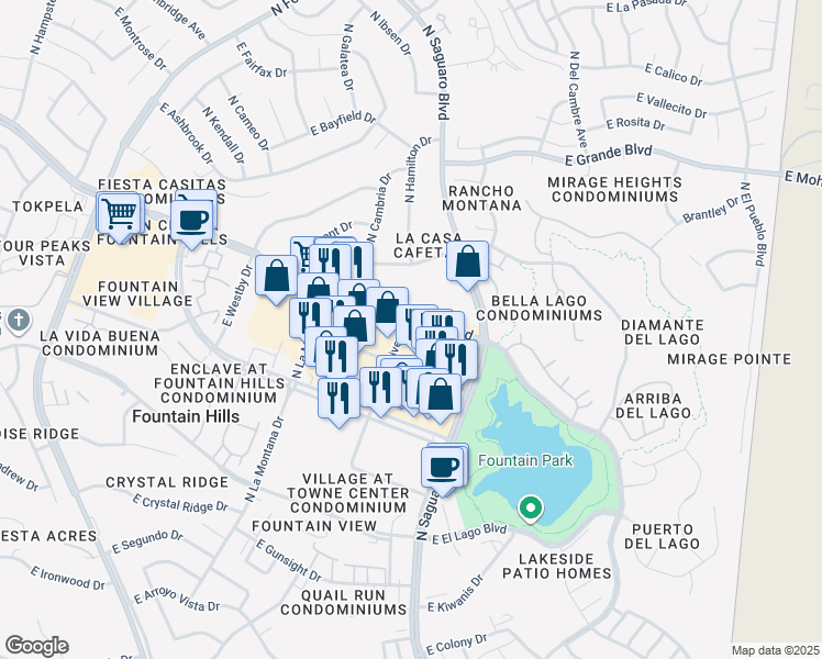 map of restaurants, bars, coffee shops, grocery stores, and more near 16837 East Palisades Boulevard in Fountain Hills