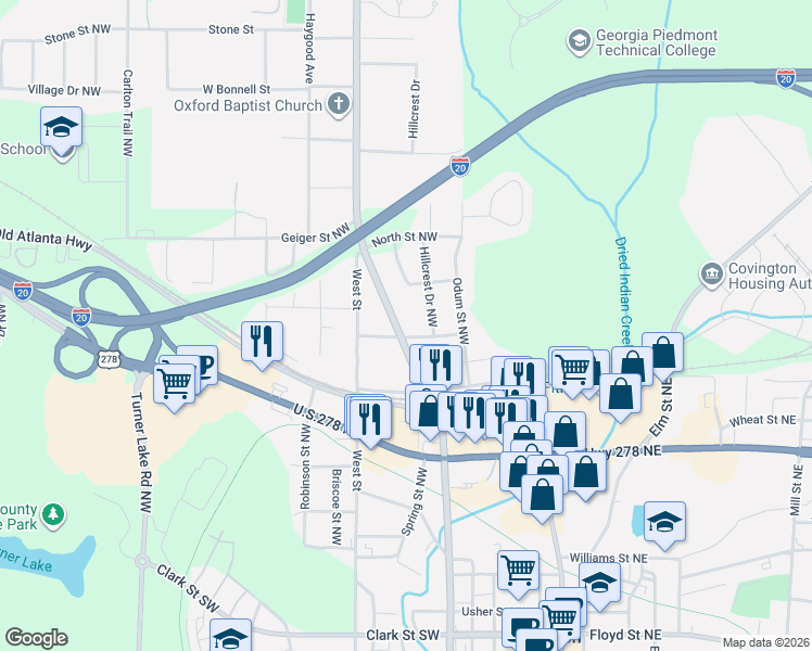 map of restaurants, bars, coffee shops, grocery stores, and more near 5123 Hillcrest Drive Northwest in Covington