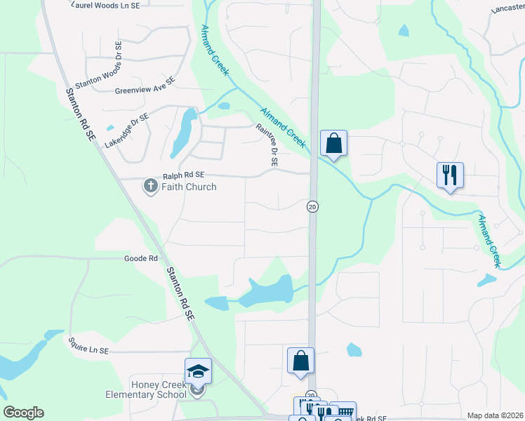 map of restaurants, bars, coffee shops, grocery stores, and more near 850 King Drive Southeast in Conyers