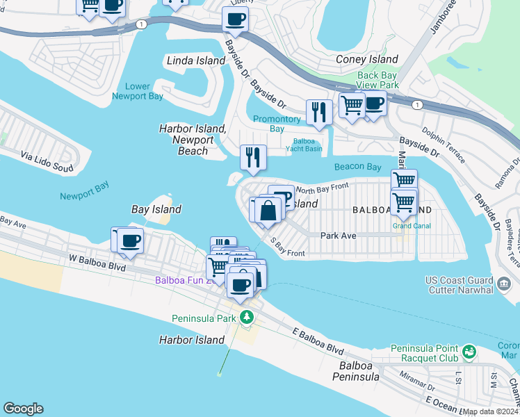 map of restaurants, bars, coffee shops, grocery stores, and more near 118 Garnet Avenue in Newport Beach