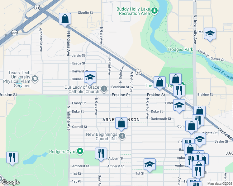 map of restaurants, bars, coffee shops, grocery stores, and more near 3007 Fordham Street in Lubbock