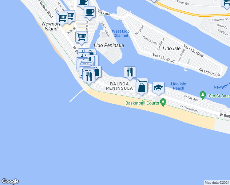 map of restaurants, bars, coffee shops, grocery stores, and more near 1722 West Oceanfront in Newport Beach