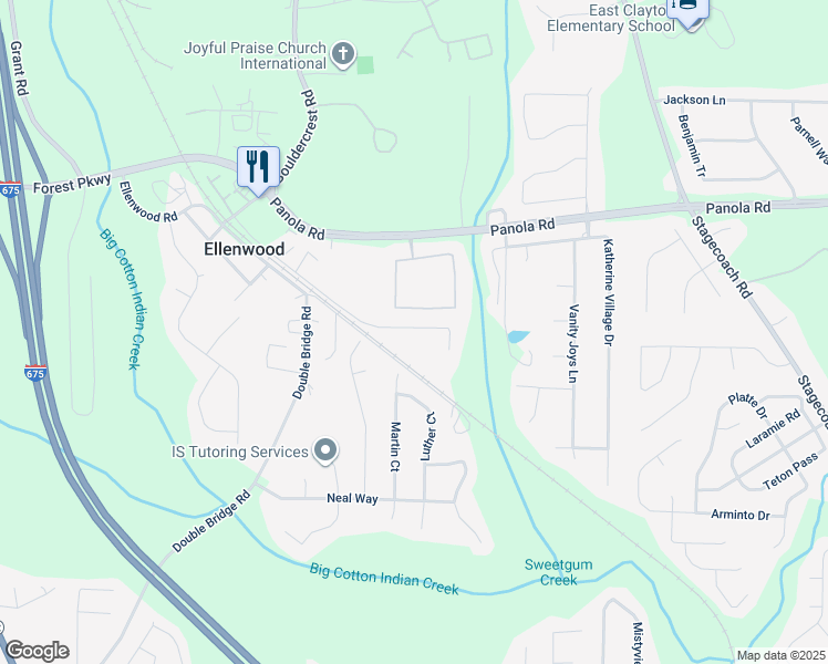 map of restaurants, bars, coffee shops, grocery stores, and more near 3343 Railroad Street in Ellenwood