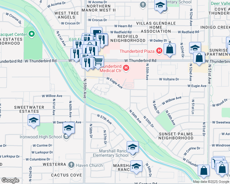map of restaurants, bars, coffee shops, grocery stores, and more near 5757 West Eugie Avenue in Glendale