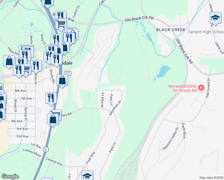 map of restaurants, bars, coffee shops, grocery stores, and more near 1006 North Mountain Drive in Fultondale