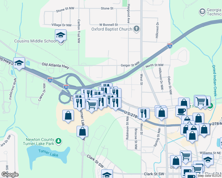 map of restaurants, bars, coffee shops, grocery stores, and more near 6128 Herring Street West in Covington