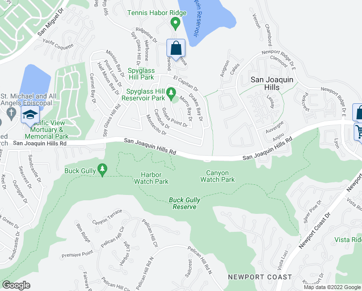map of restaurants, bars, coffee shops, grocery stores, and more near 25 Montecito Drive in Newport Beach