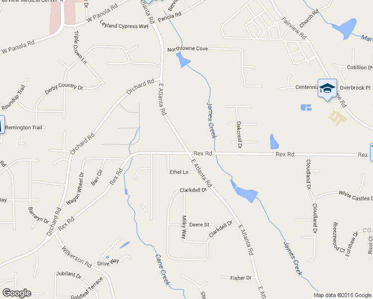 map of restaurants, bars, coffee shops, grocery stores, and more near 2500 East Atlanta Road in Stockbridge