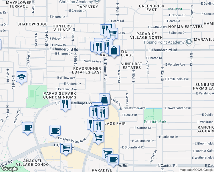map of restaurants, bars, coffee shops, grocery stores, and more near 4731 East Willow Avenue in Phoenix