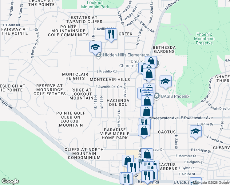 map of restaurants, bars, coffee shops, grocery stores, and more near 13266 North 19th Place in Phoenix