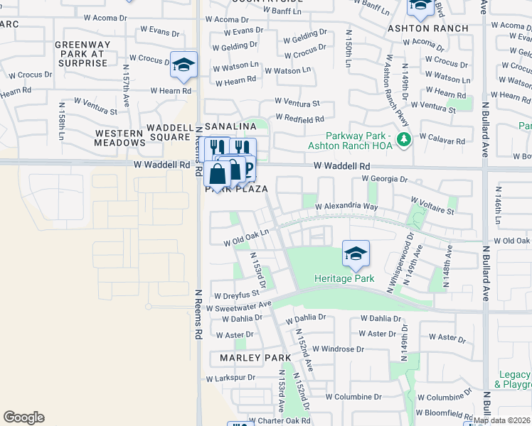 map of restaurants, bars, coffee shops, grocery stores, and more near 13554 North 152nd Drive in Surprise