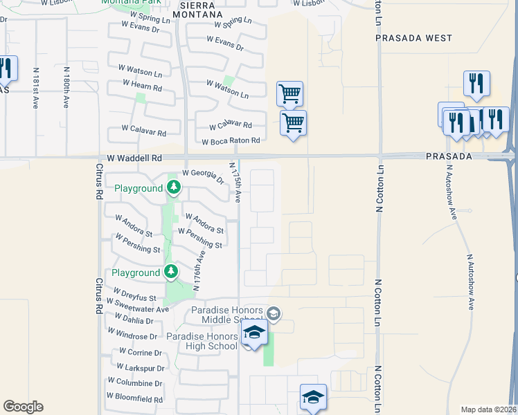 map of restaurants, bars, coffee shops, grocery stores, and more near 17303 West Waddell Road in Surprise