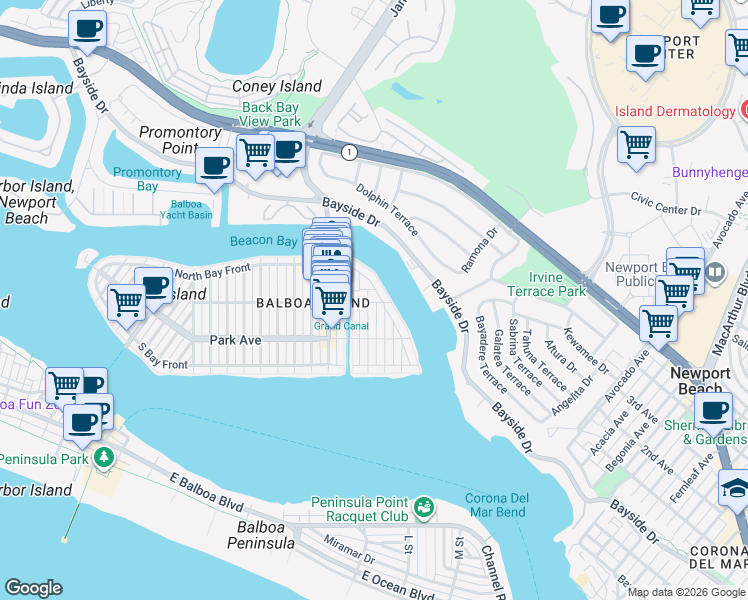 map of restaurants, bars, coffee shops, grocery stores, and more near 1520 Abalone Place in Newport Beach