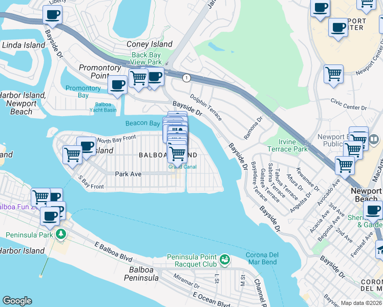 map of restaurants, bars, coffee shops, grocery stores, and more near 1520 Abalone Place in Newport Beach