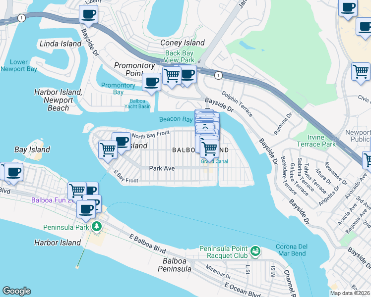 map of restaurants, bars, coffee shops, grocery stores, and more near 310 Coral Avenue in Newport Beach