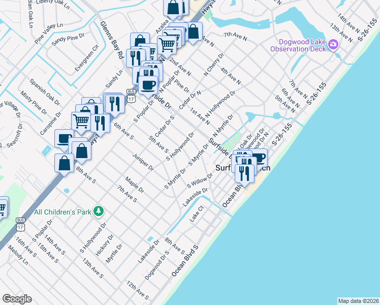 map of restaurants, bars, coffee shops, grocery stores, and more near 516 4th Avenue South in Surfside Beach