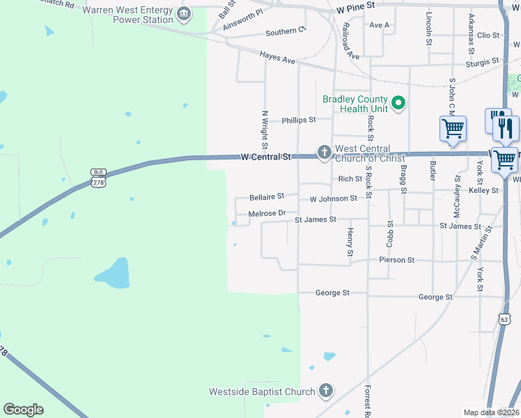 map of restaurants, bars, coffee shops, grocery stores, and more near 1415 Bellaire Street in Warren