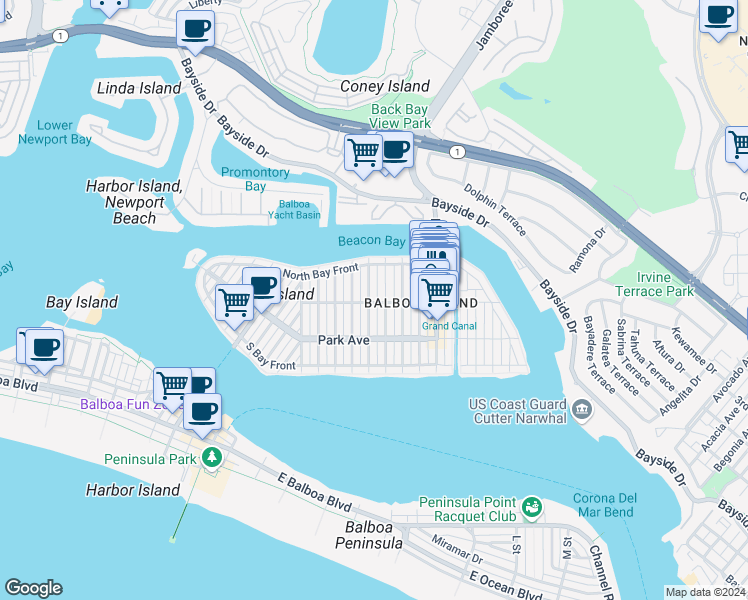 map of restaurants, bars, coffee shops, grocery stores, and more near 300 Coral Avenue in Newport Beach