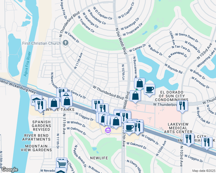 map of restaurants, bars, coffee shops, grocery stores, and more near 13639 North 108th Drive in Sun City