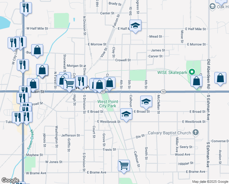 map of restaurants, bars, coffee shops, grocery stores, and more near 510 East Main Street in West Point