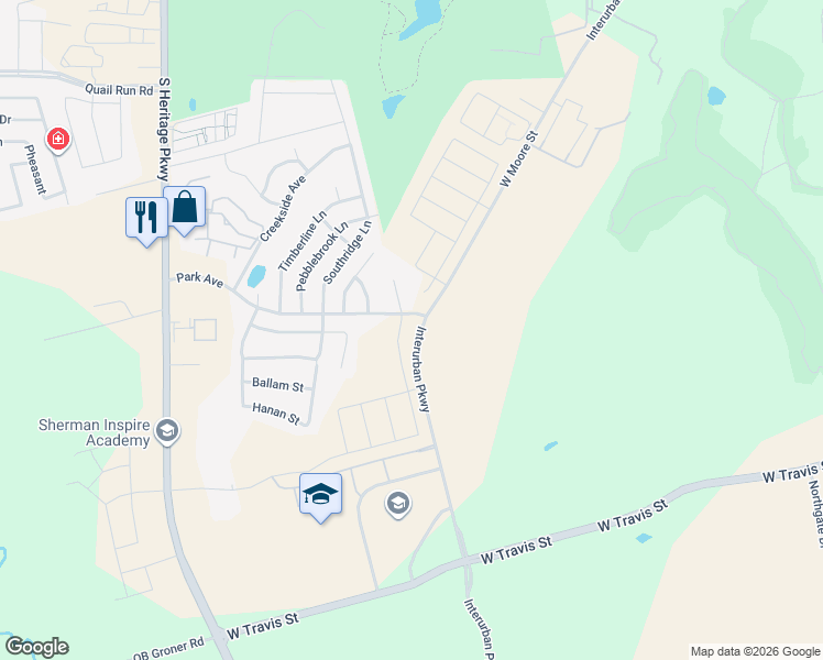 map of restaurants, bars, coffee shops, grocery stores, and more near 1920 Ridgecrest Lane in Sherman