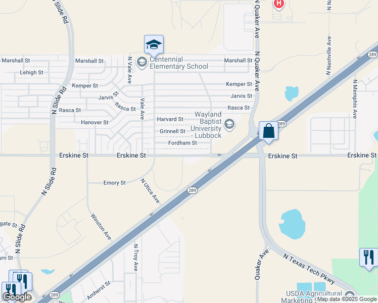map of restaurants, bars, coffee shops, grocery stores, and more near 4621 Fordham Street in Lubbock